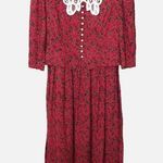 Vintage Miss Dorby Red Black Floral Dress Size 8 Crocheted Lace Collar Midi Maxi Photo 0