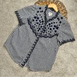 J.Crew Embroidered Indigo Crinkled Gingham Short Sleeve Navy White Top Cotton XS Photo 3