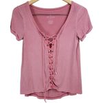 American Eagle Soft & Sexy T Shirt Lace Up V Neck Short Sleeve Pink Top XS Photo 1
