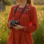 Wrangler Retro Embroidered Corduroy Long Sleeve Dress Size Xlarge Orange Photo 0