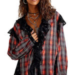 Free People Women’s Red Plaid Ruffle Front Mixed Media Boho Top small Photo 0
