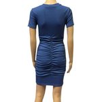 Beyove Blue Ruched Bodycon Ribbed V Neck Button Front Short Sleeve Mini Dress S Photo 6