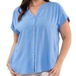 Blu Pepper Perch By Woven Light Blue Top Size 1X Rolled Cuff Sleeves Photo 0