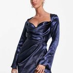 ASOS  DESIGN Cowl Neck Mini Dress With Drape Skirt Blue Satin Size 14. NEW Photo 0
