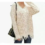 Leani Animal Print Beige‎ Women’s Distressed Fringe Pullover Sweater Size M White Size M Photo 1