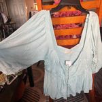 Urban Outfitters Blue Puff Sleeve Blouse with Bib Collar and Ruched Peplum Photo 1