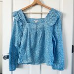 J.Crew Blue Ditsy Floral Top Cotton Ruffle Sleeve Square Neck Size L Photo 2