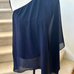 Analili  Navy Blue Silk One Shoulder Draped Tank Blouse Photo 0