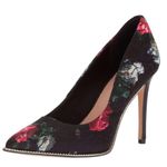 BCBGeneration Bcbg black heels with black and rose flower design overlay. Photo 3