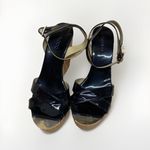 Jimmy Choo Jimmy‎ Choo Black Patent Leather Platform Sandal Cork Wedge Gold Toe Size 38.5/8 Photo 1
