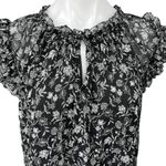 Old Navy Black Chiffon Floral Print Ruffle Short Sleeve Keyhole Blouse Top Sz L Photo 2