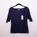 Elie Tahari NEW Braided Collar Knit Stretch Half Sleeve Sweater Navy Blue XL Photo 0