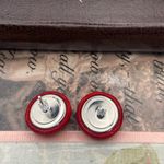 Vintage Handcrafted Red Floral Round Button Stainless Steel Earring Studs Photo 5