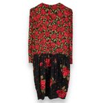 Vintage 80s Floral Dress Roses Dropped Waist Long Sleeve Modest Black Red Retro Size 8 Photo 1