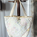 Vintage Handmade Patchwork Embroidered Cotton Tote Cottagecore Bag Pink Photo 0