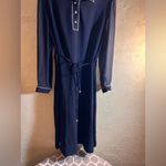 Vintage Navy Blue Dress with White Accents sheer sleeves belt w pearl details M Size M Photo 2