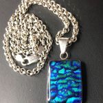 Sterling Silver Rolo Necklace and Blue Green Dichoic Glass 925 Pendant 24” Photo 3