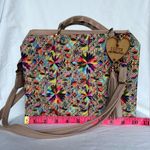 Boutique Artisanal Wood and Leather Colorful Mosaic Needlepoint Crossbody Purse Photo 8
