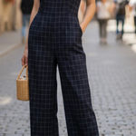 Club Monaco Windowpane Check Jumpsuit Navy Blue Sz 4 Sleeveless Cropped Grid Photo 0