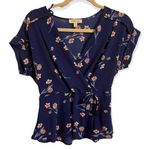 Monteau Blue Floral V-Neck Short Sleeve Blouse Size Medium Photo 0