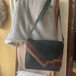 Stylish Green Suede Shoulder Bag with Purple and Gold Accents Photo 0