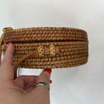 Wicker Crossbody Bag Natural Rattan Round With Canvas Lining Leather Strap Photo 4
