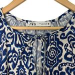 ZARA  Dress Womens L Geometric Ruffle Keyhole Tie Long Balloon Sleeve Blue White Photo 7