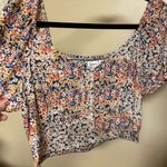Japna  - Floral Puff Sleeve Crop Blouse - Blue & Pink - Button Detail Photo 2