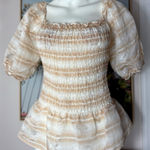 Yuni Los Angeles Beige Plaid Smocked Peplum Puff Sleeve Stretch Top Large Tan Photo 0