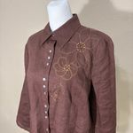 Richard Malcolm 100% Linen Button Down Brown Shirt Sz L Foral Beaded Boho Casual Size L Photo 1