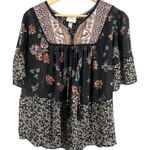 Knox Rose Black Floral Embroidered V Neck Tassel Boho Sheer Blouse Top L Photo 0