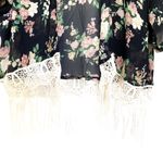 Rachel & Chloe Navy Blue White Floral Fringe Bohemian lace Kimono Size Large Photo 1