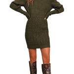 Lulus NWT  Fresh Perspective Olive Green Cableknit Sweater Mini Dress Photo 0