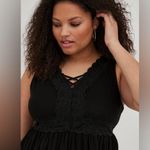 Torrid Black Babydoll Textured Jersey V-Neck Lace-Up Lace Pieced Top - size 1 Photo 4