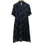 ZARA  Jacquard Fringe Lined Midi Dress ShortSleeve Keyhole S Dark Navy Blue #3101 Photo 11