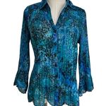 Laura Scott Blue Damask Printed Pleated Stretch Shirt Top Photo 0