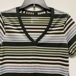 Reebok Womens Med PlayDay T-Shirt V neck Short Sleeves Green Grey White Stripes Photo 2