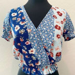 One Clothing Blue Mixed Floral Patchwork Top Smocked Waist Cropped | Size Small Photo 0