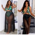 Green Leaf Print Bikini Set with Black Mesh Skirt Size 2X Photo 1