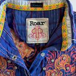 Roar Embroidered Western Plaid Shirt Orange Rhinestone Embellished Button Up Med Blue Photo 13
