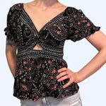 Babydoll Bohemian Floral Top with Flowy Sleeves and Keyhole Blue Photo 1