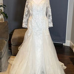 Women’s Long Sleeve Wedding Dress Lace Appliqué Zip Up Back with Train Size 12 Photo 0