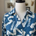 Haute Hippie  Cropped Front Tie Button Up Top Blue White Abstract Linen Blend M Photo 2