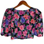 ZARA NWT  Floral Cropped Top Plunging Neck Puff Half Sleeves S Black Pink Purple Photo 13