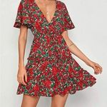 SheIn Plunging Neck Flutter Sleeve Floral Print Frill Trim Dress Photo 0