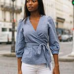 Draper James  Embroidered Dot Chambray Wrap Top Photo 6