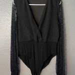 SheIn Black Surplice Bodysuit with Sheer Polka Dot Sleeves - Women's XL Photo 0