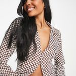Abercrombie & Fitch Sheer Mesh Brown Checkered Blouse Long Sleeve Button Up Top Photo 1