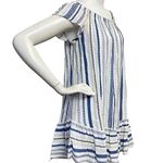 Eight Sixty Women's Off Shoulder White Blue Striped Ruffle hem Shirred Dress Photo 1