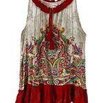 Bila | Ivory Red Boho Paisley Floral Ruffled Sleeveless Tunic Top, Medium Photo 0